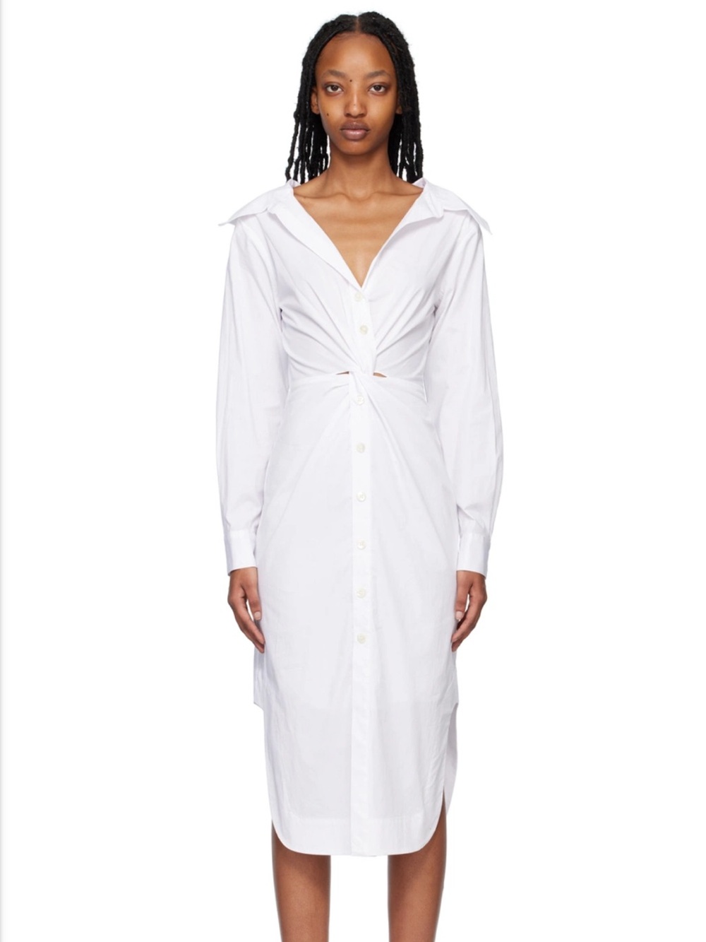 STAUD Clea Midi Dress Stretch Cotton Poplin Spread Collar Twist Detail Round Hem